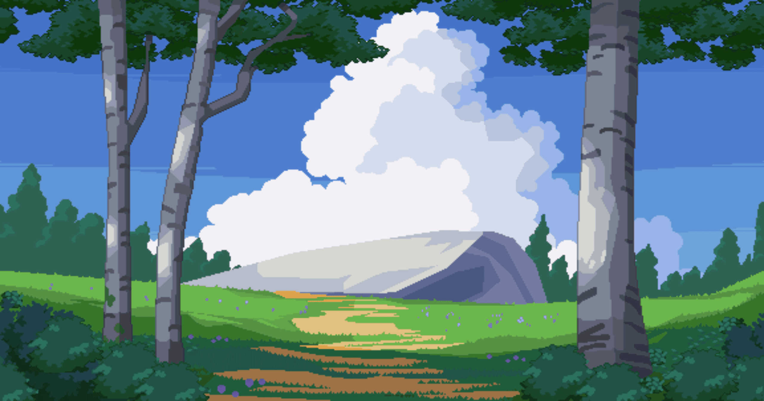 Pixel-art summer forest path hero artwork
