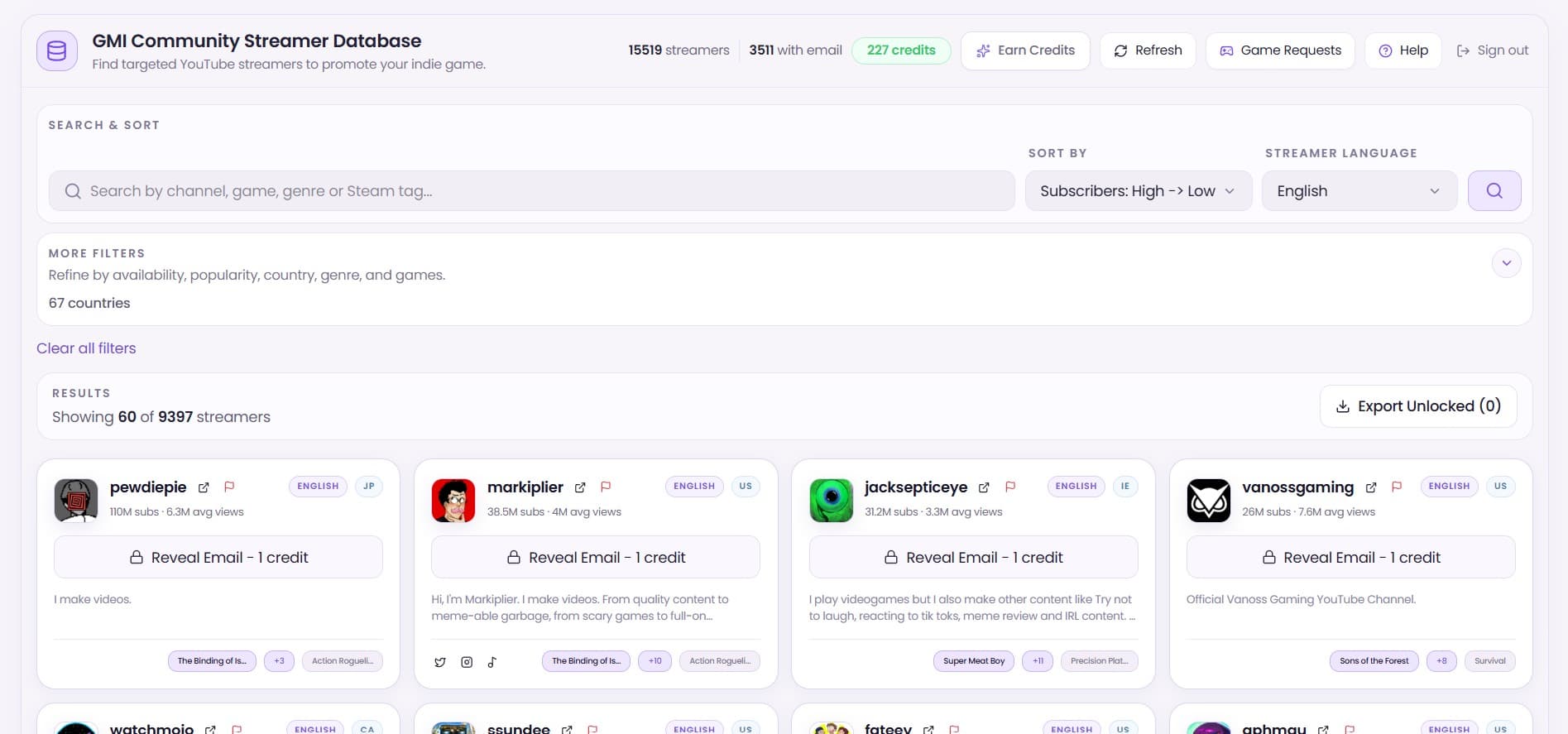 Streamer Database homepage screenshot